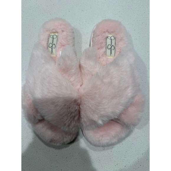 Jessica Simpson Pink Faux Fur Criss Cross Slide Slippers Women Size L 8-9 - Picture 1 of 3